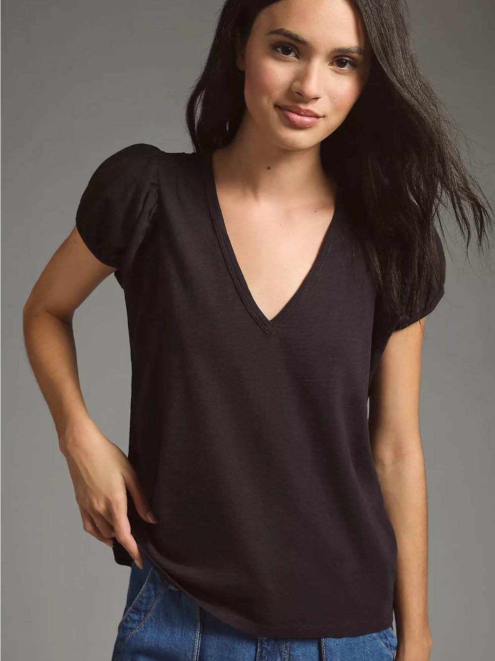 Anthropology Black V-Neck Puff Sleeve Women's Top size medium